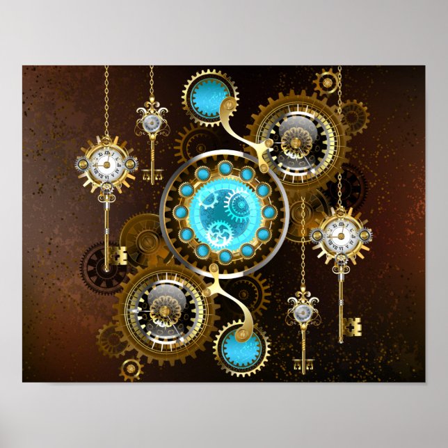 Affiche Fond rouillé Steampunk avec verres turquoise (Devant)