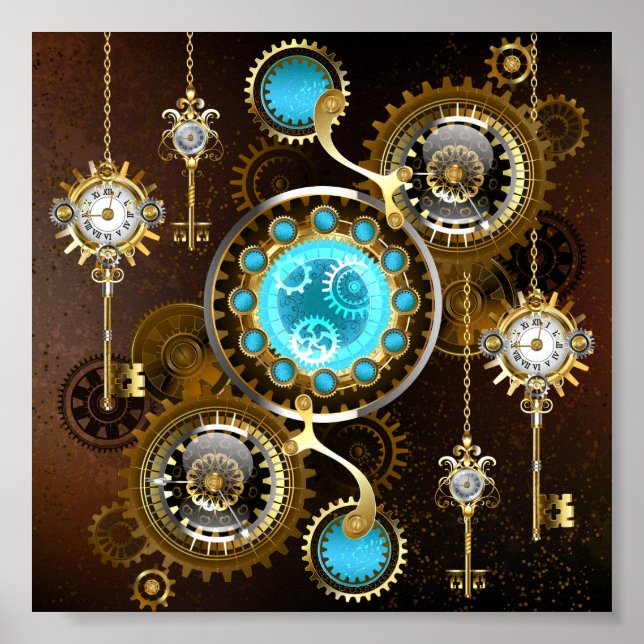 Affiche Fond rouillé Steampunk avec verres turquoise (Devant)