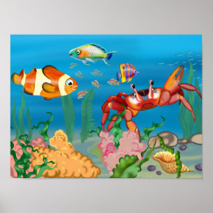 Affiche fonds marins au crabe rouge, algues et poissons, m