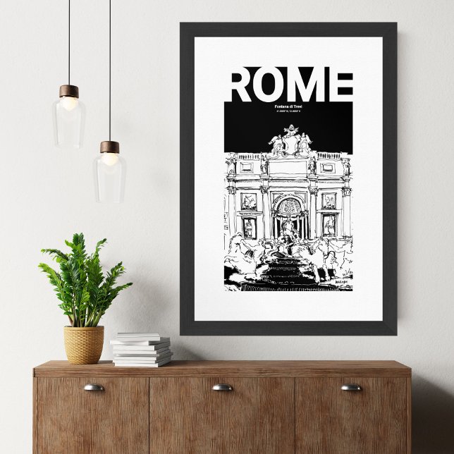 Affiche Fontaine de Rome Trevi Noir Blanc Sketch de voyage (Fontana di Trevi Rome Black White Sketch Mate Poster)
