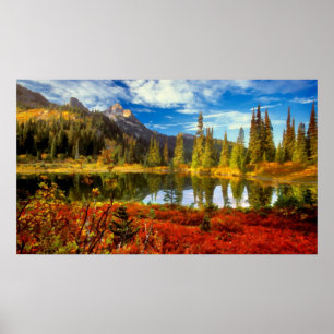 Affiche Forest Lake Mountains Autumn Colors Watercolor Art