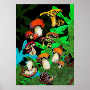 Affiche Forest mushrooms and a snail