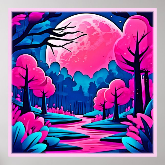 Affiche Forêt artistique rose sous la lumière de la lune (Devant)