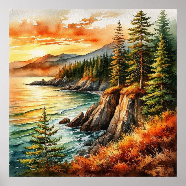 Affiche Forêt côtière ensoleillée surplombant les vagues d (Devant)