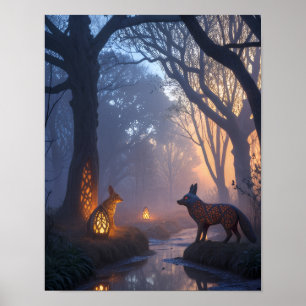 Affiche Forêt crépusculaire lumineuse avec animaux en bois