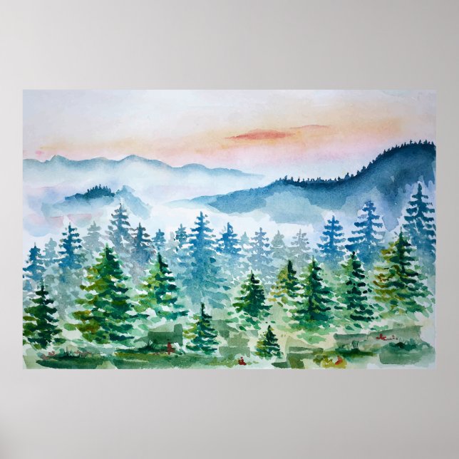 Affiche Forêt d'aquarelles et montagnes (Devant)