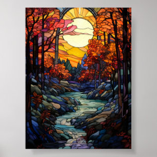 Affiche Forêt d'automne en verre coloré avec ruisseau de m