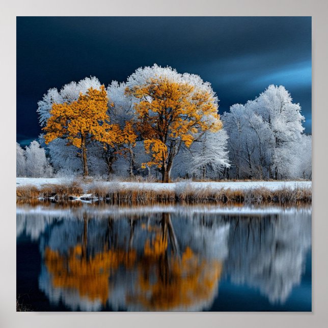 Affiche Forêt d'automne Lac enneigé Transition vers l'hive (Devant)