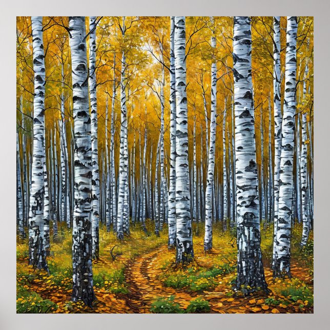 Affiche Forêt de bouleaux pittoresque en automne (Devant)