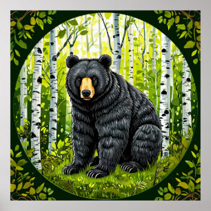 Affiche Forêt de bouleaux Sérénité Ours noir Sauvagerie