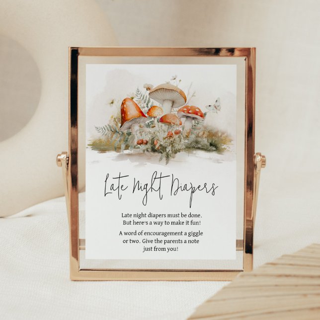 Affiche Forêt de champignons enchantée Diapositives de nui (Enchanted Mushroom Baby Shower Late Night Diapers Sign)