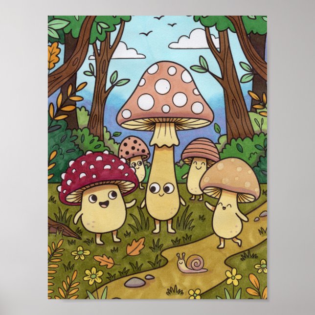 Affiche Forêt de champignons mignons Bois Champignon fanta (Devant)