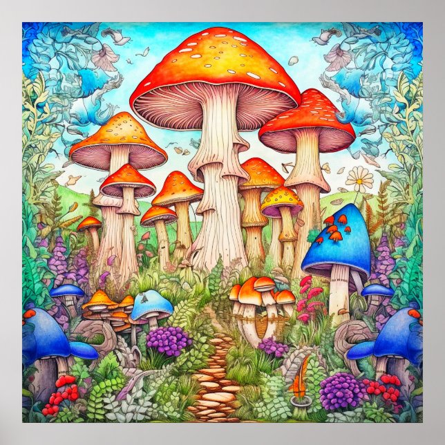 Affiche Forêt de champignons sauvages psychédéliques color (Devant)