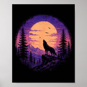 Affiche Forêt de montagne de loup lune sauvage nature