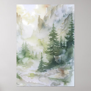 Affiche Forêt de montagne embrumée à l'aquarelle