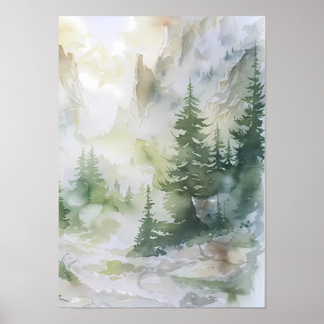 Affiche Forêt de montagne embrumée à l'aquarelle (Devant)