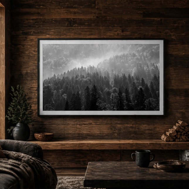 Affiche Forêt de pins brumeuse Paysage en noir et blanc (Créateur téléchargé)