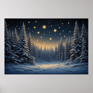 Affiche Forêt de pins enneigée sous un ciel nocturne étoil