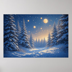 Affiche Forêt de pins enneigée sous un ciel nocturne étoil