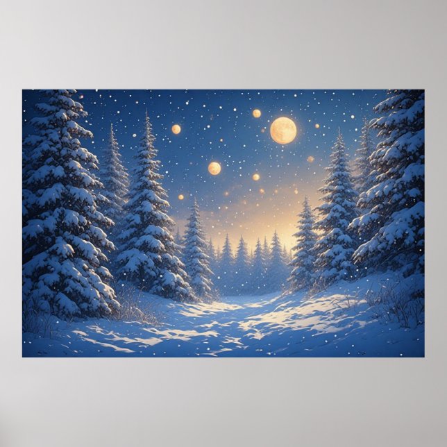 Affiche Forêt de pins enneigée sous un ciel nocturne étoil (Devant)