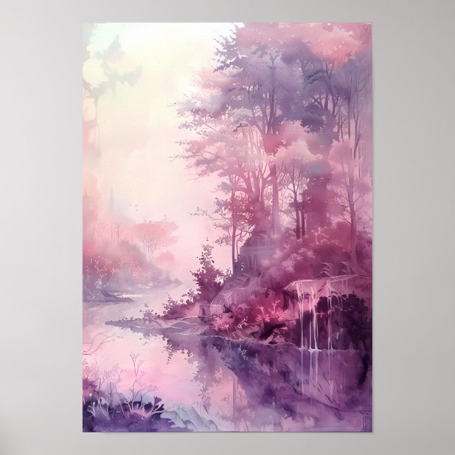 Affiche Forêt de rêve à l'aquarelle dans des tons roses (Devant)