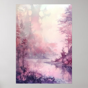 Affiche Forêt de rêve à l'aquarelle dans des tons roses