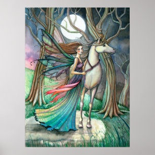 Affiche Forêt de rêves fée et licorne fantaisie art