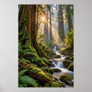 Affiche Forêt de Séquoias Anciens Cascade Lumière du Solei