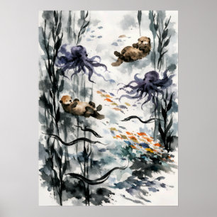 Affiche Forêt de varech Art aquarelle Sumi-e