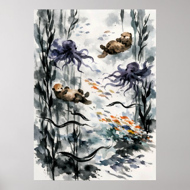 Affiche Forêt de varech Art aquarelle Sumi-e (Devant)