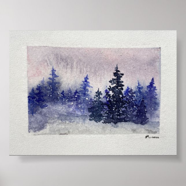 Affiche Forêt d'hiver - Fleurs d'aquarelles Imprimer (Devant)