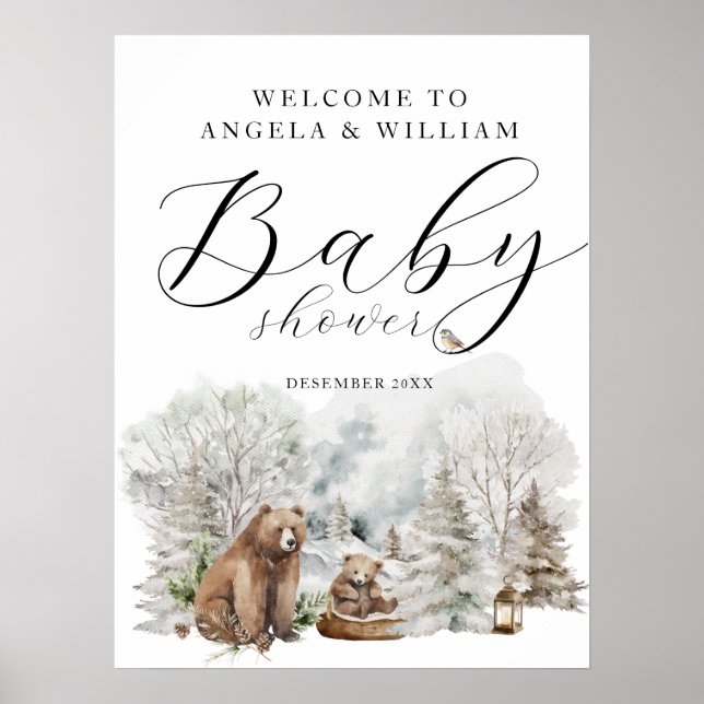Affiche Forêt d'hiver Woodland Baby shower rustique Bienve (Devant)