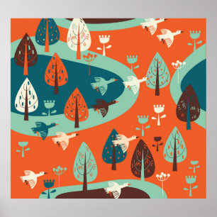 Affiche Forêt d'oies : Scène Vintage de la nature