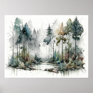 Affiche Forêt en Aquarelle de pluie douce