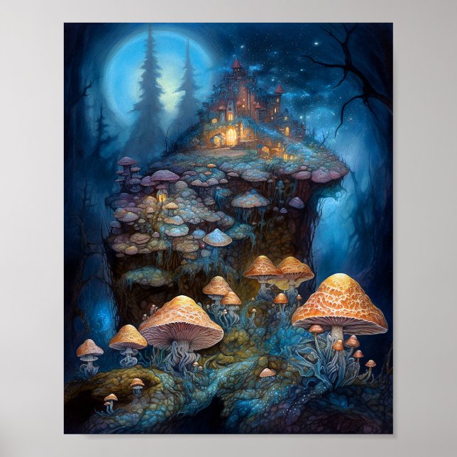 Affiche Forêt enchantée Champignons Château Imaginaire Art (Devant)