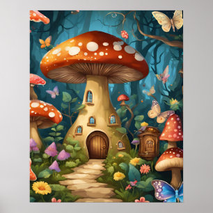 Affiche Forêt enchantée de papillon de champignons