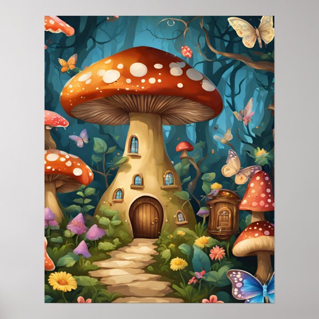 Affiche Forêt enchantée de papillon de champignons (Devant)