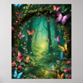 Affiche Forêt enchantée Magie des papillons VERTS fleurs