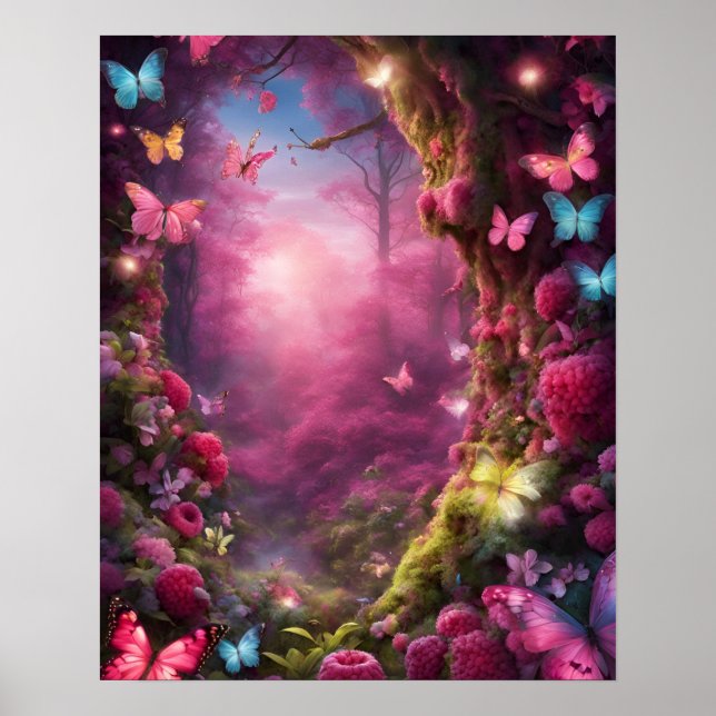 Affiche Forêt enchantée Magie FUSHIA papillons fleurs (Devant)