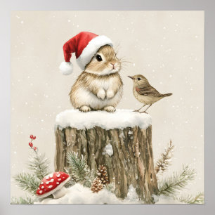 Affiche Forêt enneigée Bois hivernal Noël Lapin Oiseau 