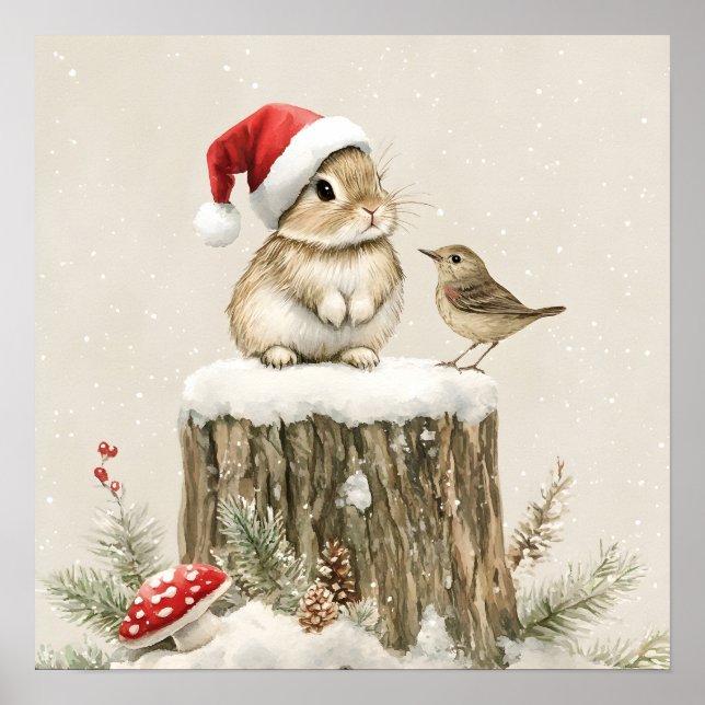 Affiche Forêt enneigée Bois hivernal Noël Lapin Oiseau  (Devant)