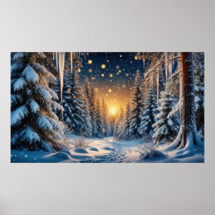 Affiche Forêt enneigée d'hiver ❄️ Lumière dorée ✨ Atmosphè
