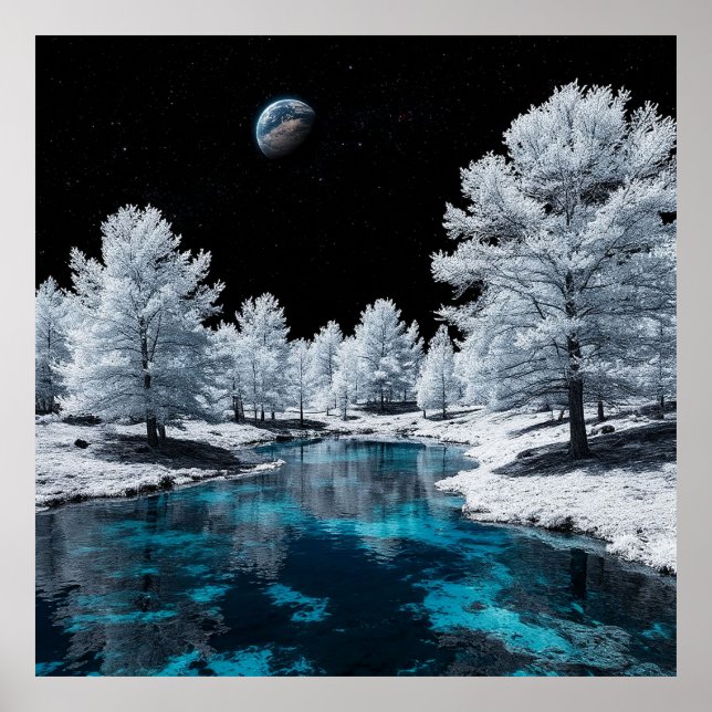 Affiche Forêt enneigée et lac tranquille sous le ciel (Devant)