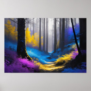 Affiche Forêt foncée enchantée bleu jaune et violet