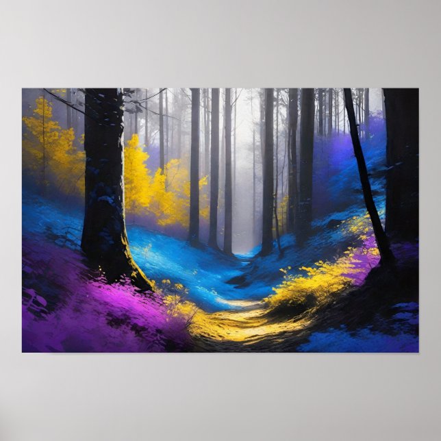 Affiche Forêt foncée enchantée bleu jaune et violet (Devant)