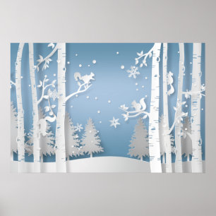 Affiche Forêt hivernale et écureuils en découpage de papie