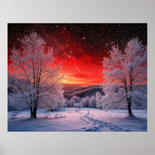 Affiche Forêt hivernale sous le coucher de soleil rouge Ci