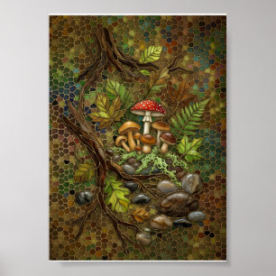 Affiche Forêt Magique Champignons Bois Nature Mousses Flee