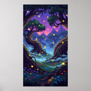 Affiche Forêt magique Pixel avec lucioles clignotantes