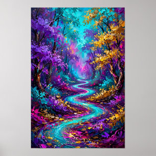 Affiche Forêt Magique Rivière Turquoise - Couleur Or Viole